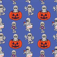 Cute Cartoon Mummy Seamless Halloween Pattern cartoon illustration gift wrap orange design