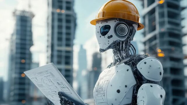 A humanoid robot construction worker, wearing a hard hat and high-tech safety gear, inspecting architectural blueprints on a digital tablet at a futuristic construction site with towering smart buildi