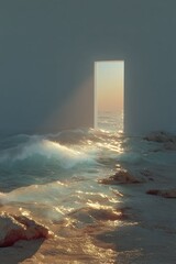 Golden Light Through Doorway Over Ocean Waves and Rocks