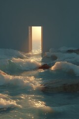 Surreal Open Door in Ocean Waves Revealing Glowing Horizon