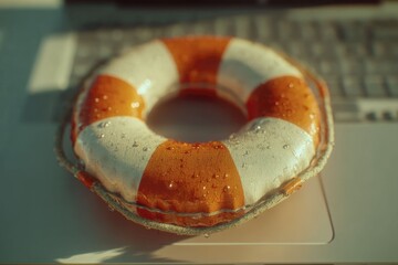 Miniature Lifebuoy with Water Droplets on Laptop Trackpad