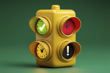 Stylized Traffic Light with Clock Faces and Symbolic Indicators