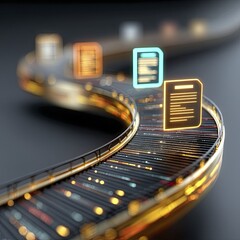Futuristic Data Conveyor with Glowing Digital Document Icons