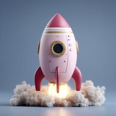 Pink Toy Rocket Launching with Glowing Thrusters and Cloud Base