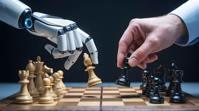 Human hand and robotic arm playing a strategic game of chess symbolizing the competition and collaboration between artificial intelligence and humanity in a modern world