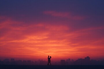 Silhouetted couple embraces against stunning sunset, creating ro