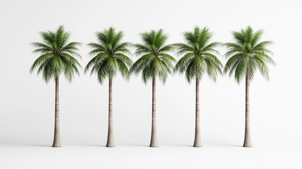 Obraz premium Five Lush Coconut Palm Trees on White Background, Tropical, 3D Render Tropical Plants, Coconut Palm
