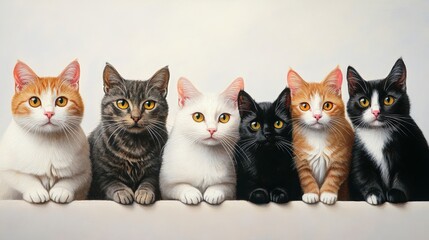 Five Cats Portrait Realistic Painted Kittens, Pet Art, Feline Cat painting, pet portrait