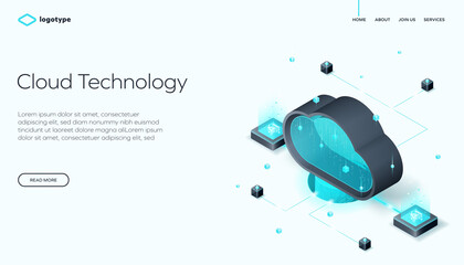 Cloud technology concept with an isometric dark cloud icon transferring data to server racks with AI, symbolizing data storage and networking. Isometric illustration.