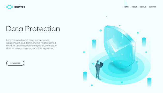Digital data protection with an abstract glass shield and checkmark, representing cybersecurity and privacy. Network data security isometric illustration.