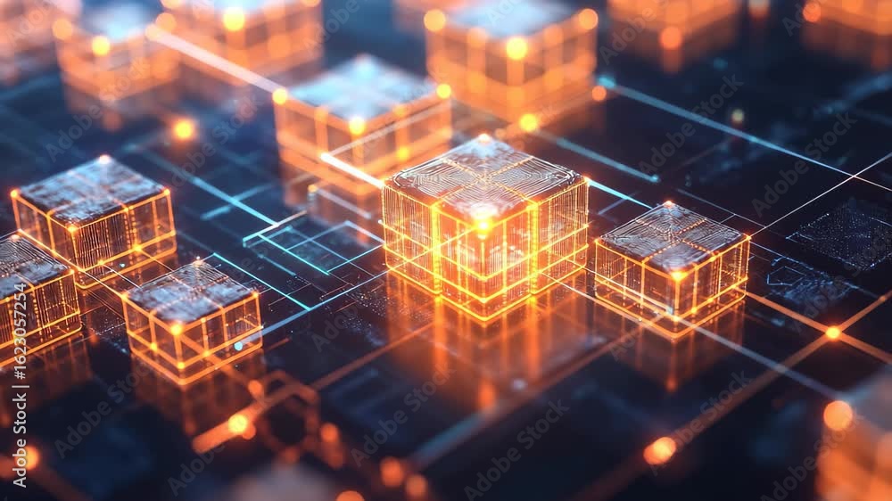 Poster immerse yourself in a vibrant digital environment filled with luminous cubes and complex circuitry. 