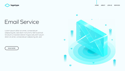 Futuristic isometric illustration of an email service concept with a glowing 3D envelope icon, modern design, and digital elements. Ideal for tech, communication, or web platforms.