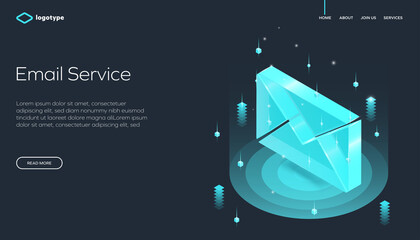 Futuristic isometric illustration of an email service concept with a glowing 3D envelope icon, modern design, and digital elements. Ideal for tech, communication, or web platforms. 