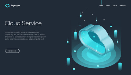 Isometric illustration of a cloud service concept with glowing 3D elements on a dark background. Perfect for tech websites, cloud computing platforms, and data storage services.