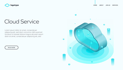 Isometric illustration of a cloud service concept with glowing 3D elements on a light background. Perfect for tech websites, cloud computing platforms, and data storage services.