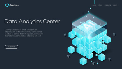 Futuristic isometric illustration of a data analytics center with glowing AI cube, abstract blocks, and digital grid. Ideal for tech, big data, machine learning, and artificial intelligence themes.