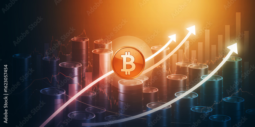 Poster bitcoin coin with upward trending arrows and bar graph against an orange gradient background