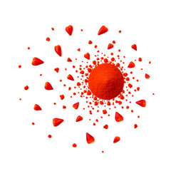 Crushed red pepper powder with flower petals isolated on white background copy space