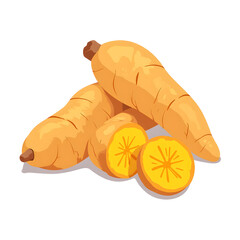 Fresh turmeric roots with sliced cross sections on white background, copy space