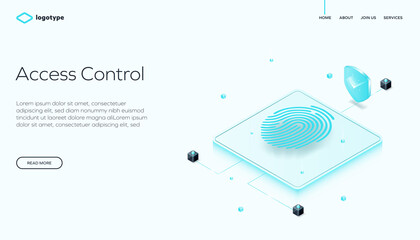 Isometric illustration of access control system with fingerprint scanner, digital shield, and network blocks. Ideal for cybersecurity, identity verification, and secure login visuals.