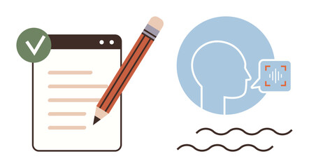Pencil and checklist represent task completion. Head profile and speech waveform highlight voice-to-text conversion. Ideal for productivity, language learning, AI, communication, education