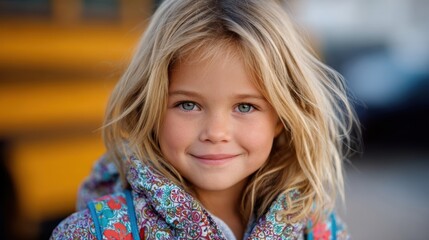 Fototapeta premium A young girl with long blonde hair and radiant blue eyes smiles sweetly. capturing the joy of childhood.