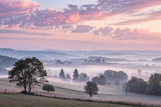 Pastel pink clouds over misty rolling hills at sunrise dawn