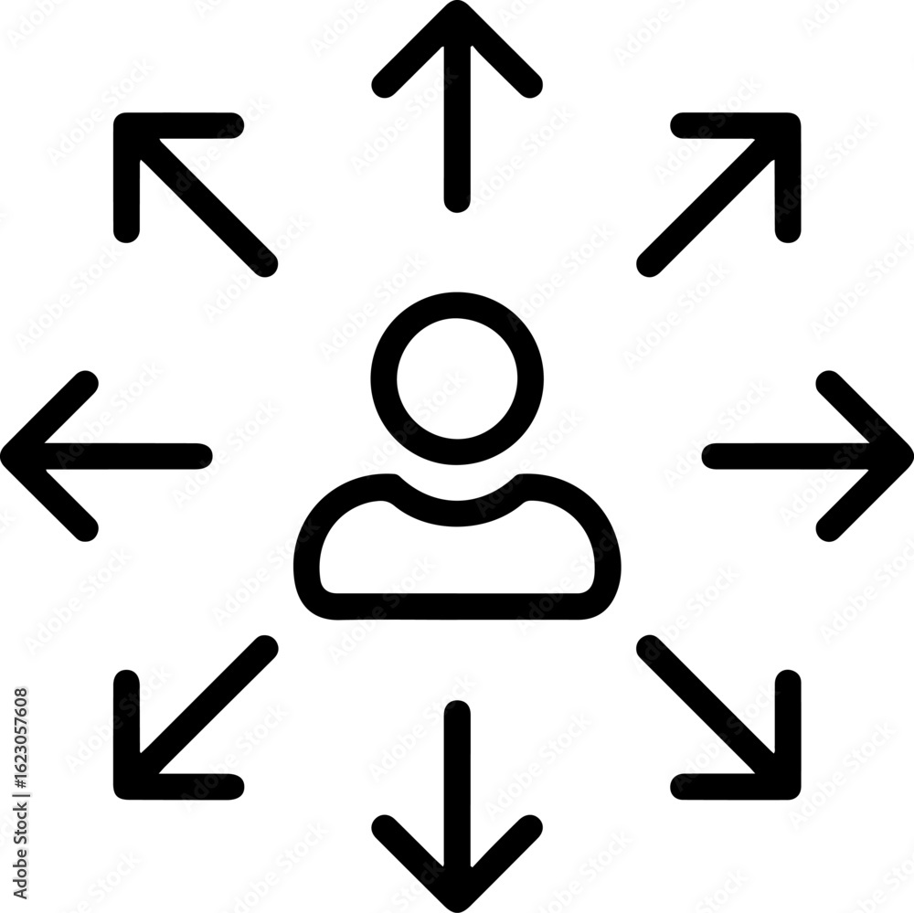 Poster icon of a person with multiple arrows pointing outwards in different directions symbolizing options 