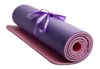 Rolled purple and pink exercise mat, tied with ribbon