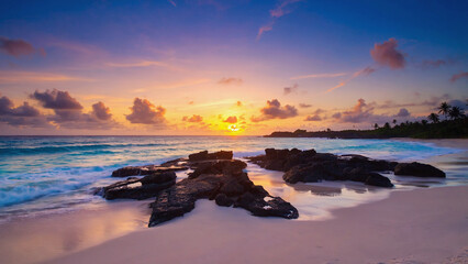 Tropical Beach Sunrise with Black Rocks and Colorful Sky