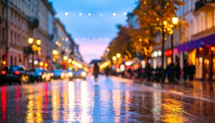 Fototapeta premium Rainy Twilight Glow: Vibrant Bokeh Reflections on a Wet City Street