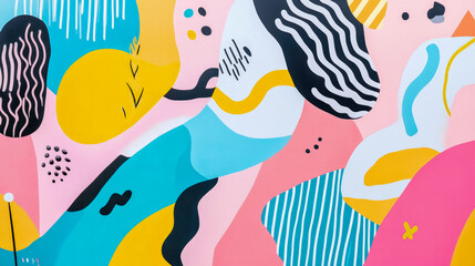 Vibrant Abstract Composition with Playful Organic Shapes and Bold Graphic Elements in Pink, Yellow, Blue, and Black Hues