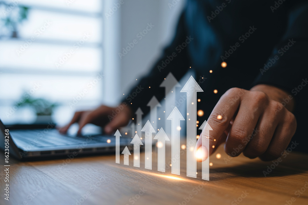 Poster business growth analysis and digital strategy optimization with upward trending arrows and a person 
