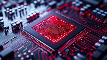 Obraz premium Glowing Red Circuit Board Microchip, Technology, Hardware