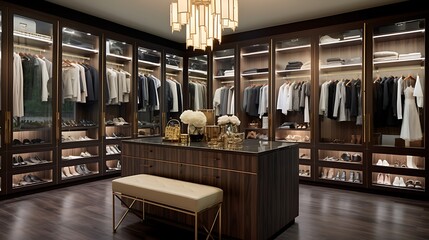 High-end walk-in closet design featuring black walnut panels, brushed gold hardware, a central island with glass drawers, sleek pendant lighting, and a rich taupe carpet, full frame,