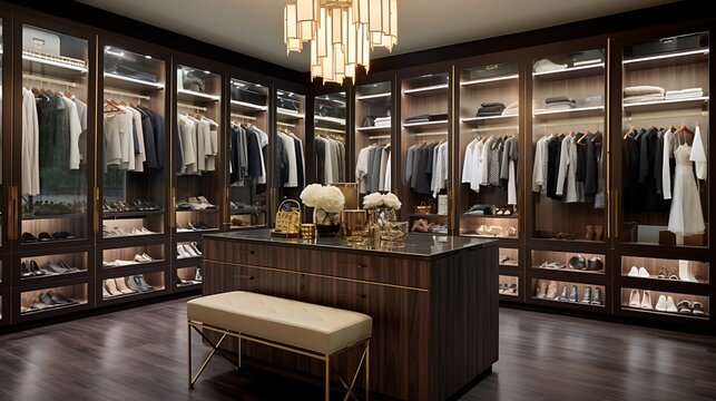 High-end walk-in closet design featuring black walnut panels, brushed gold hardware, a central island with glass drawers, sleek pendant lighting, and a rich taupe carpet, full frame,