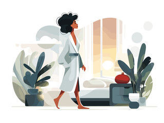 Woman walking in bathrobe with plants in modern bedroom interior  