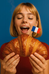Professional advertising shot of a delicious French croissant held by a smiling woman with a flag on a blue background - National Cuisine Concept