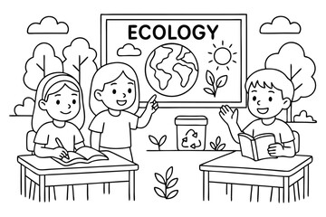 Ecology class coloring page. Line art of children learning about planet and recycling in school classroom