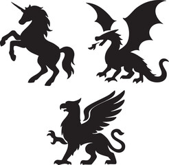 Fototapeta premium Black silhouettes of a unicorn dragon and griffin displayed against a white background