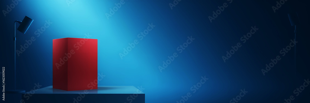 Aufkleber a red cube on a platform illuminated by a spotlight against a gradient blue background scene