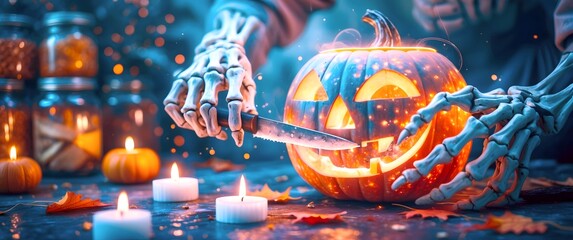 Creative boho Halloween ideas: Spooky pumpkin carving and skeleton decor. Spooky Halloween Art with Skeleton Carving Jack-o'-Lantern