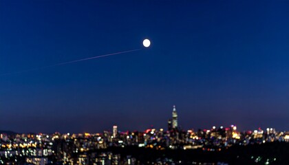 Sharp Full Moon and Jet Trail Above a Dreamy Bokeh City at Twilight