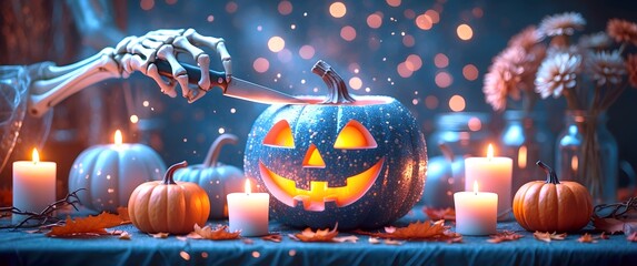 Creative boho Halloween ideas: Spooky pumpkin carving and skeleton decor. Creepy Still Life with Skeletal Hands Carving a Glowing Pumpkin