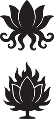 Two black lotus flower silhouettes one with swirling tentacles and the other with flame like petals
