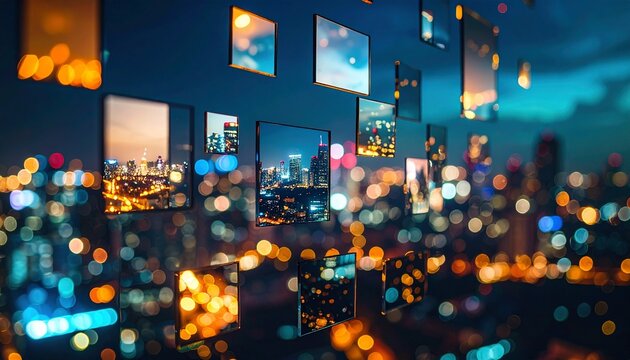 Sharp City Reflections in Floating Frames Over a Dreamy Bokeh Background - Powered by Adobe
