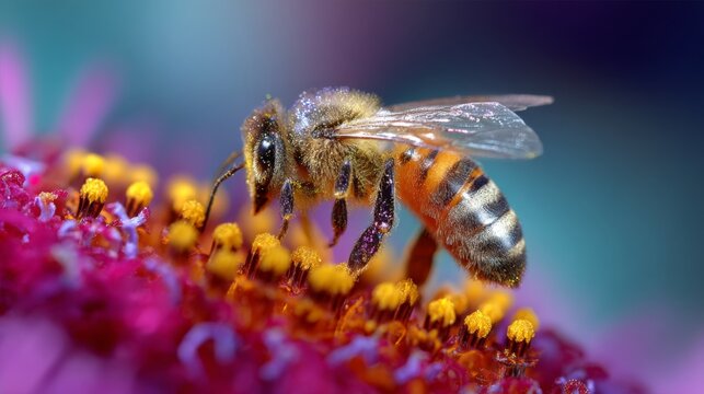 Honeybee on a vibrant pink flower collecting pollen Close up macro photograph - Powered by Adobe