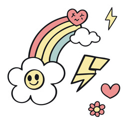 Whimsical hand drawn rainbow with smiling flower hearts and lightning bolts creating a cheerful and positive doodle art illustration