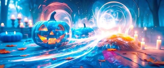 Creative boho Halloween ideas: Spooky pumpkin carving and skeleton decor. Enchanting Glowing Pumpkins in Mysterious Blue Light Setting