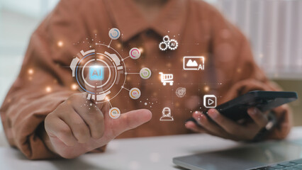 Hand interacting with futuristic AI interface, showing icons for workflow automation, e-commerce, media, and customer service, representing digital transformation and artificial intelligence in action